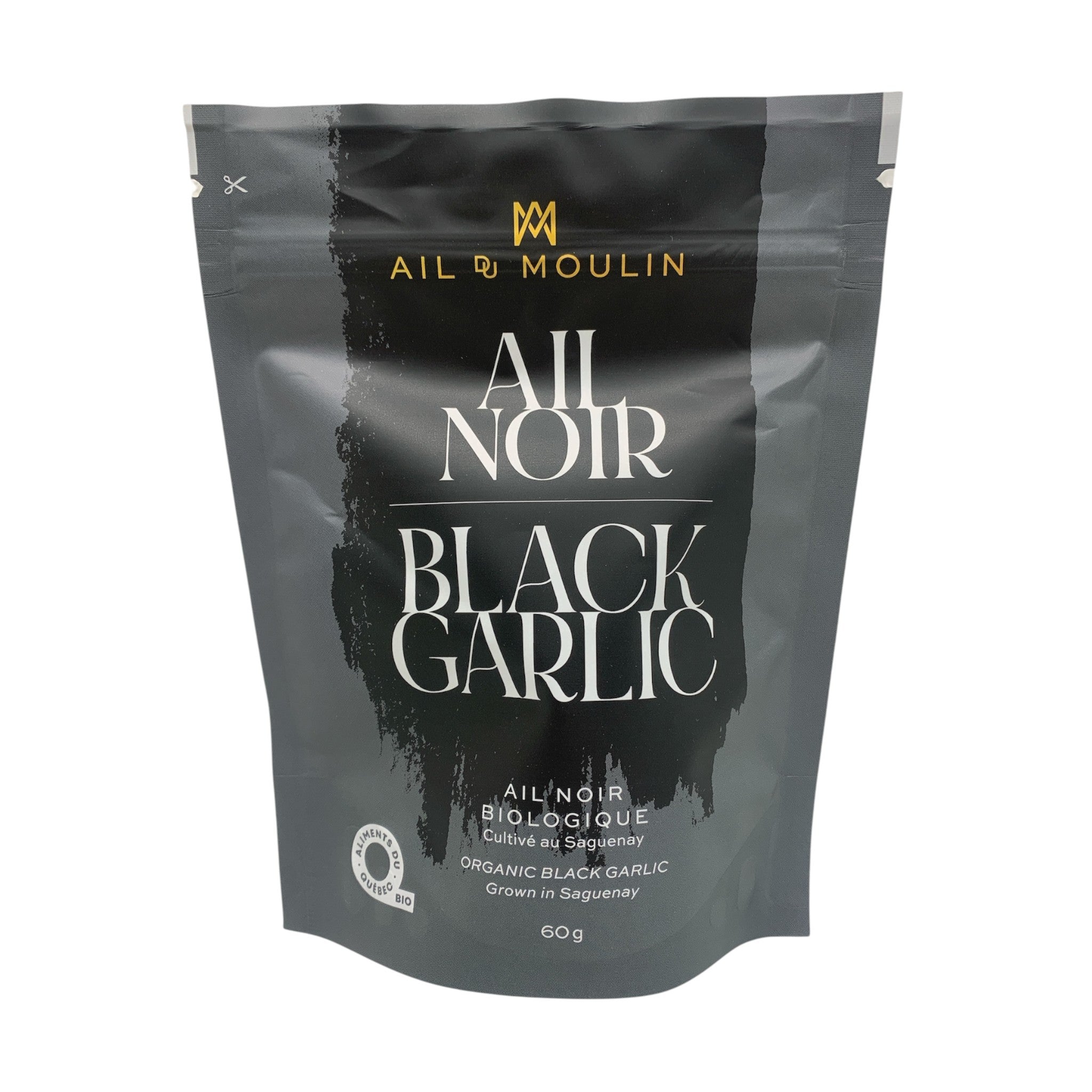 Ail noir biologique en format 60 g, texture moelleuse et saveur umami douce, issu de la réaction de Maillard, idéal pour sauces, marinades et cuisine gastronomique
