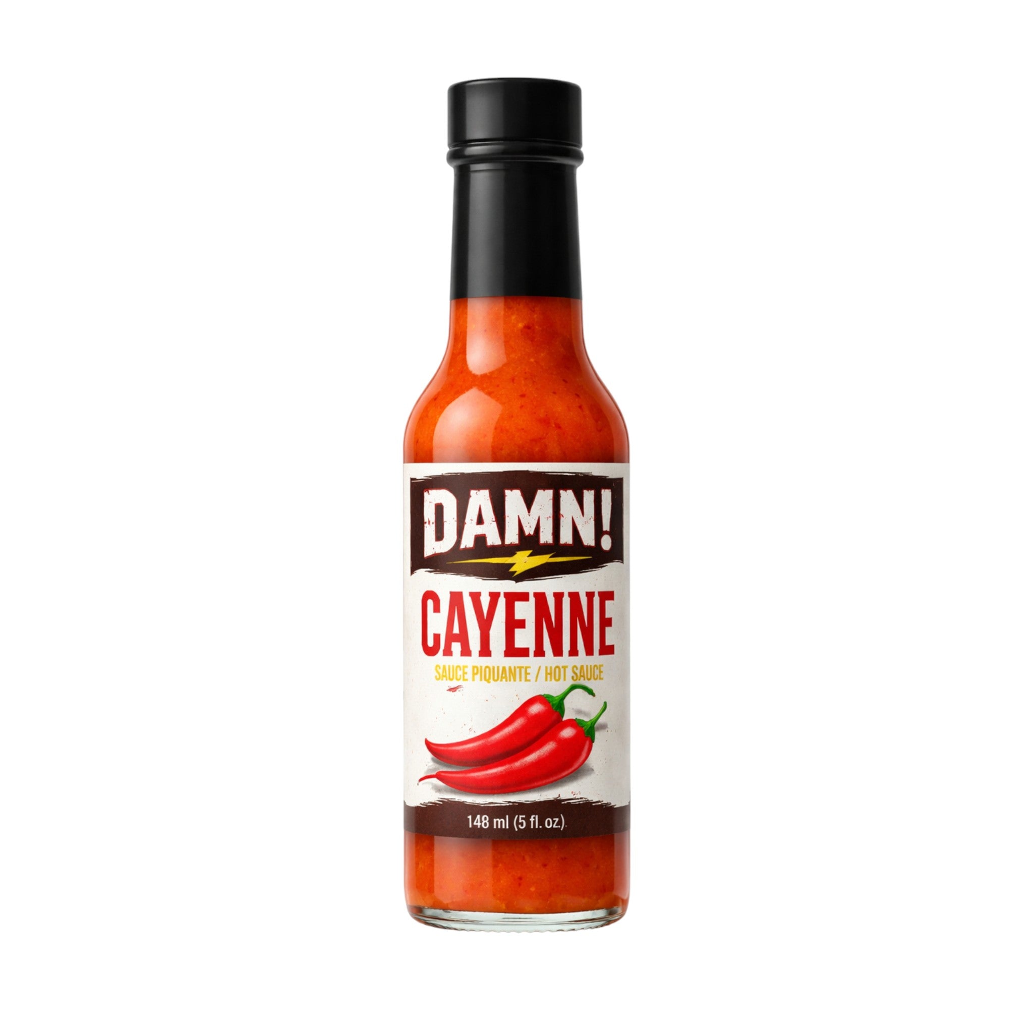 Sauce Damn Cayenne piquante artisanale au piment de Cayenne, chaleur franche et équilibrée, format 148 ml, idéale pour tacos, grillades et usage quotidien