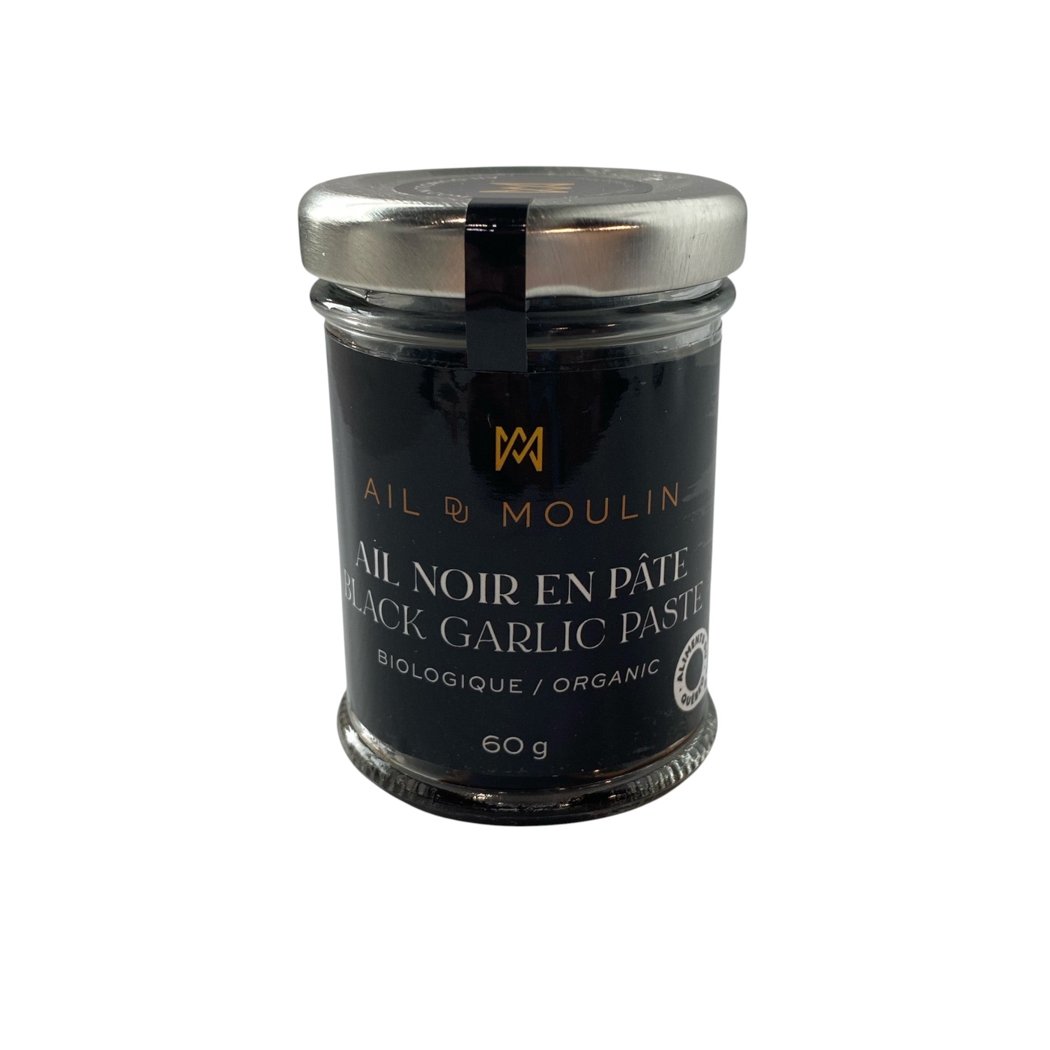 Ail noir biologique 60 g, texture moelleuse et saveur umami douce, issu de la réaction de Maillard, idéal pour sauces, marinades et cuisine gastronomique