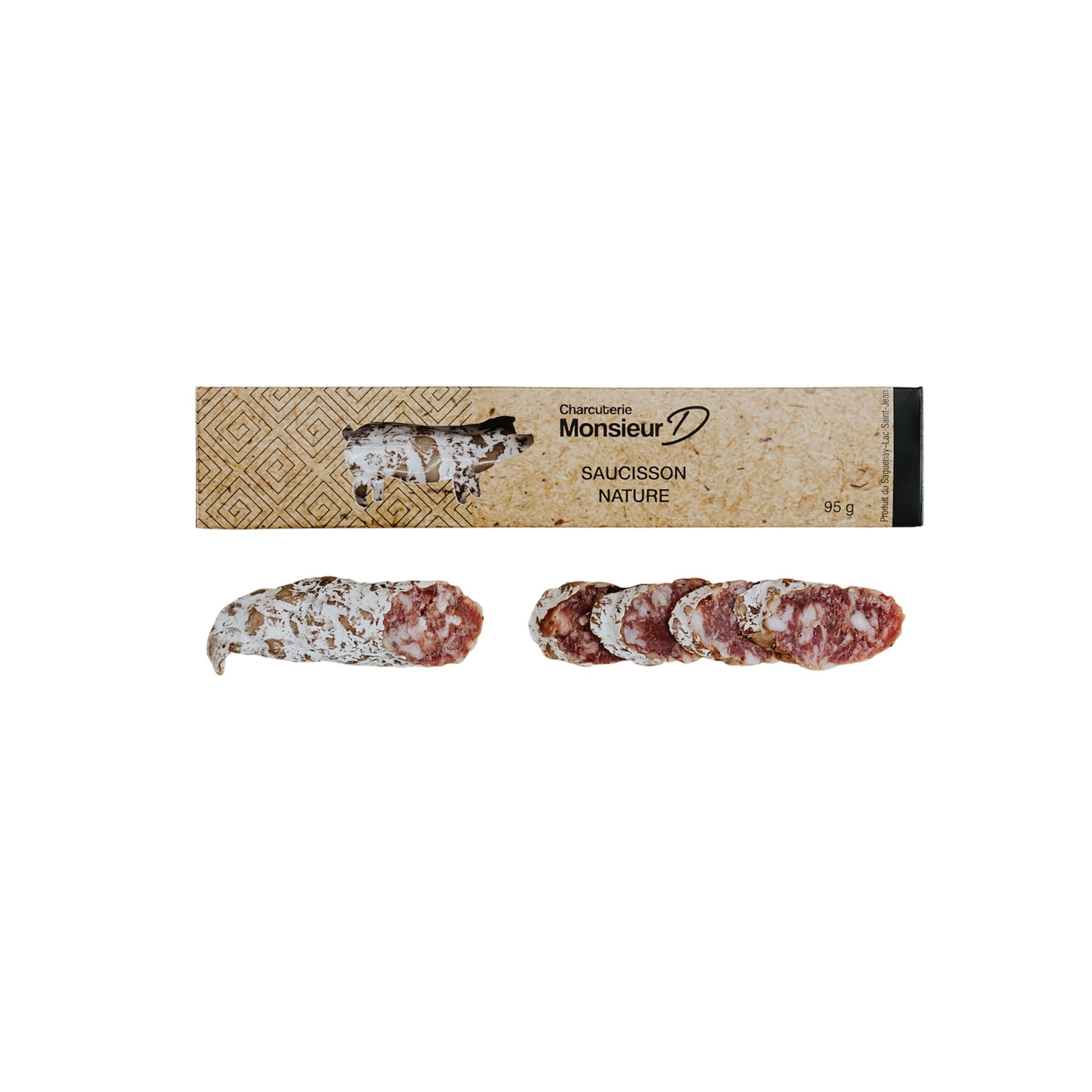 Saucisson artisanal nature fait à la Salaison du Bistro D, porc du Québec, recette traditionnelle, format 90 g, idéal pour apéritif et plateaux