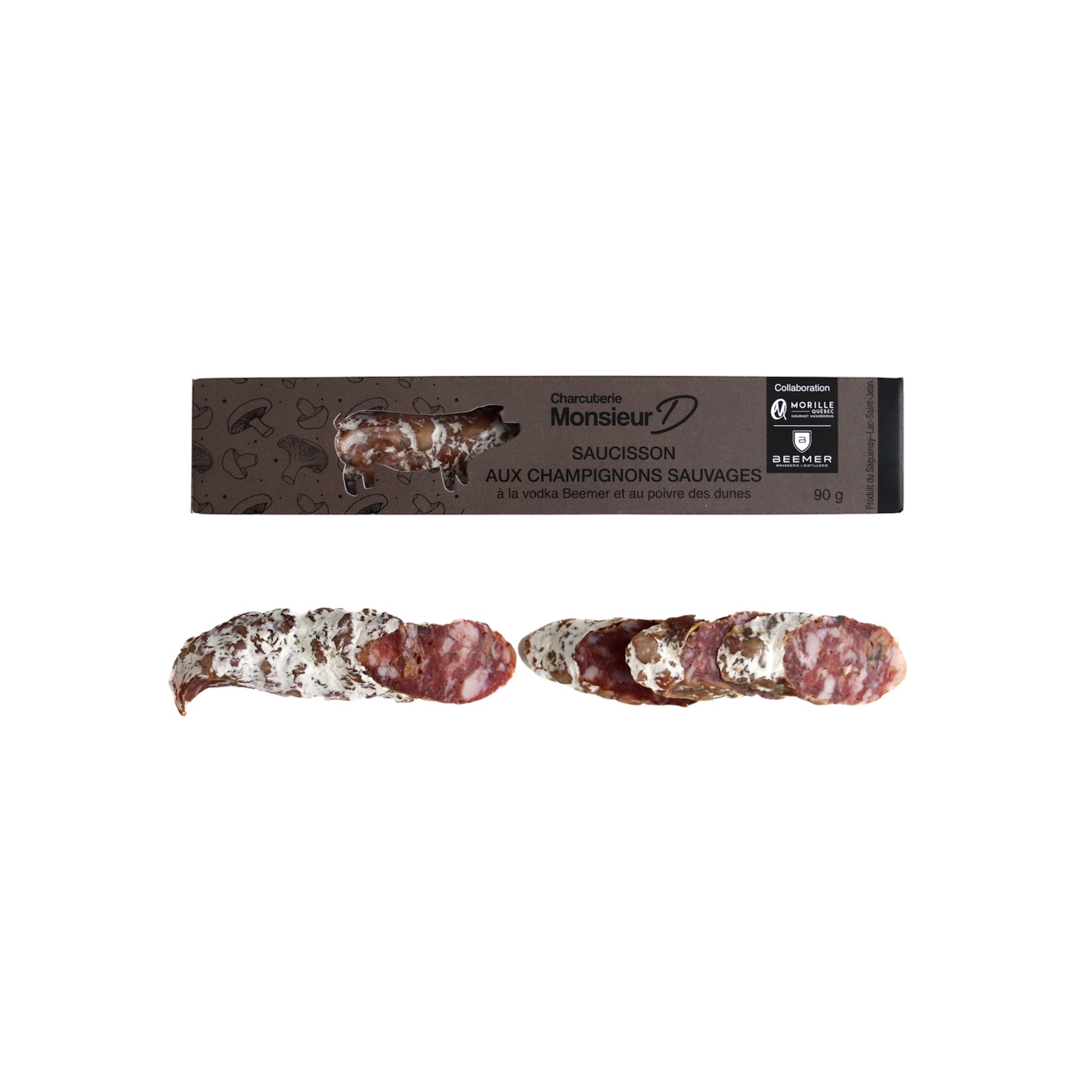 Saucisson artisanal aux champignons sauvages, vodka et poivre des dunes fait à la Salaison du Bistro D, porc du Québec, saveur forestière et épicée, format 90 g, idéal pour dégustation