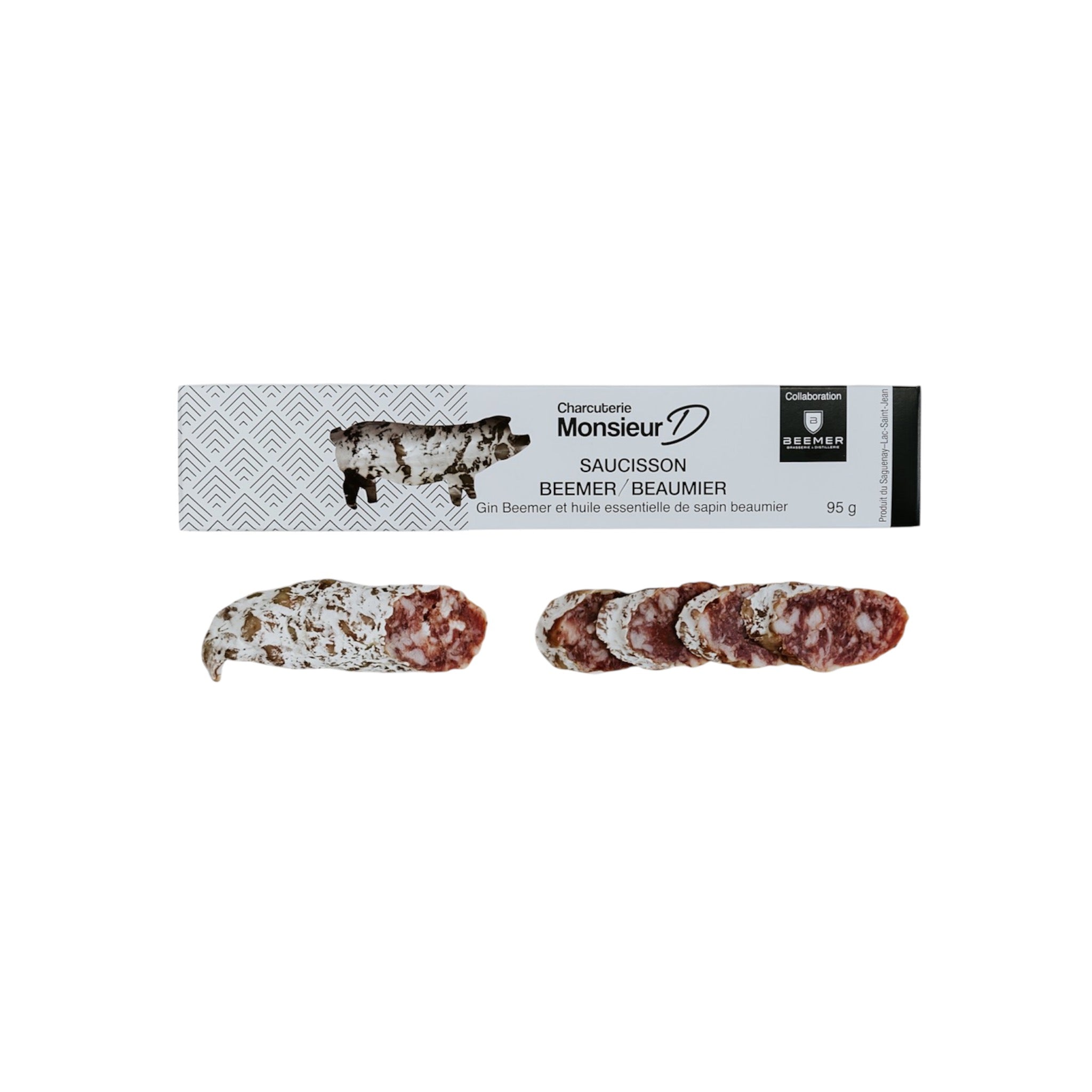 Saucisson artisanal boréal au gin Km12 et sapin baumier fait à la Salaison du Bistro D, porc du Québec, saveur forestière distinctive, format 90 g, idéal pour dégustation
