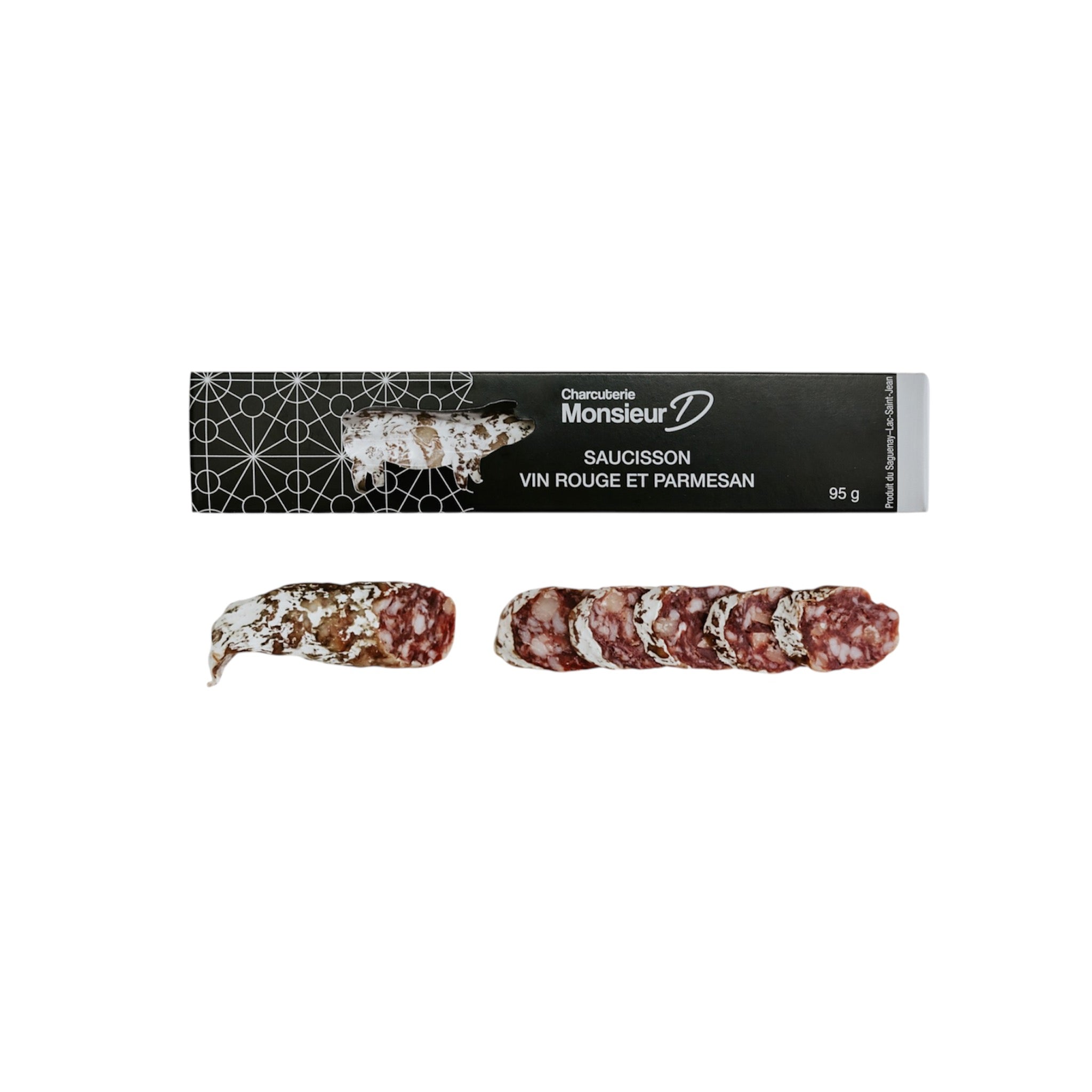 Saucisson artisanal au vin rouge et parmesan fait à la Salaison du Bistro D, porc du Québec, saveur riche et affinée, format 90 g, idéal pour dégustation et accords vin