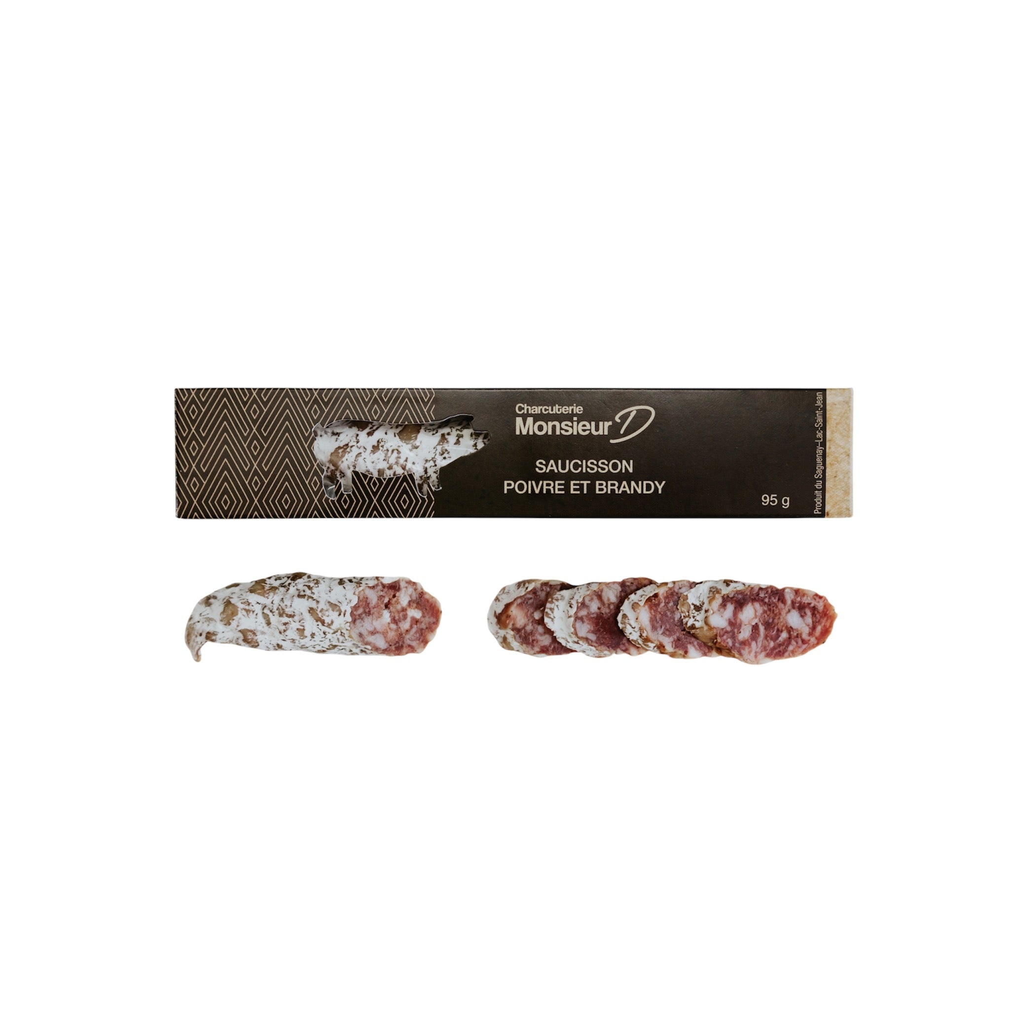 Saucisson artisanal au poivre noir et brandy fait à la Salaison du Bistro D, porc du Québec, notes boisées et épicées, format 90 g, idéal pour dégustation