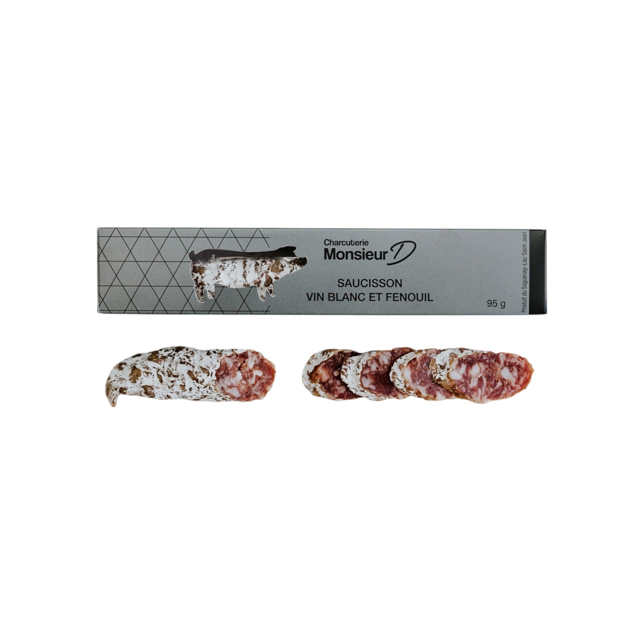 Saucisson artisanal au vin blanc et fenouil fait à la Salaison du Bistro D, porc du Québec, notes anisées et équilibrées, format 90 g, idéal pour dégustation