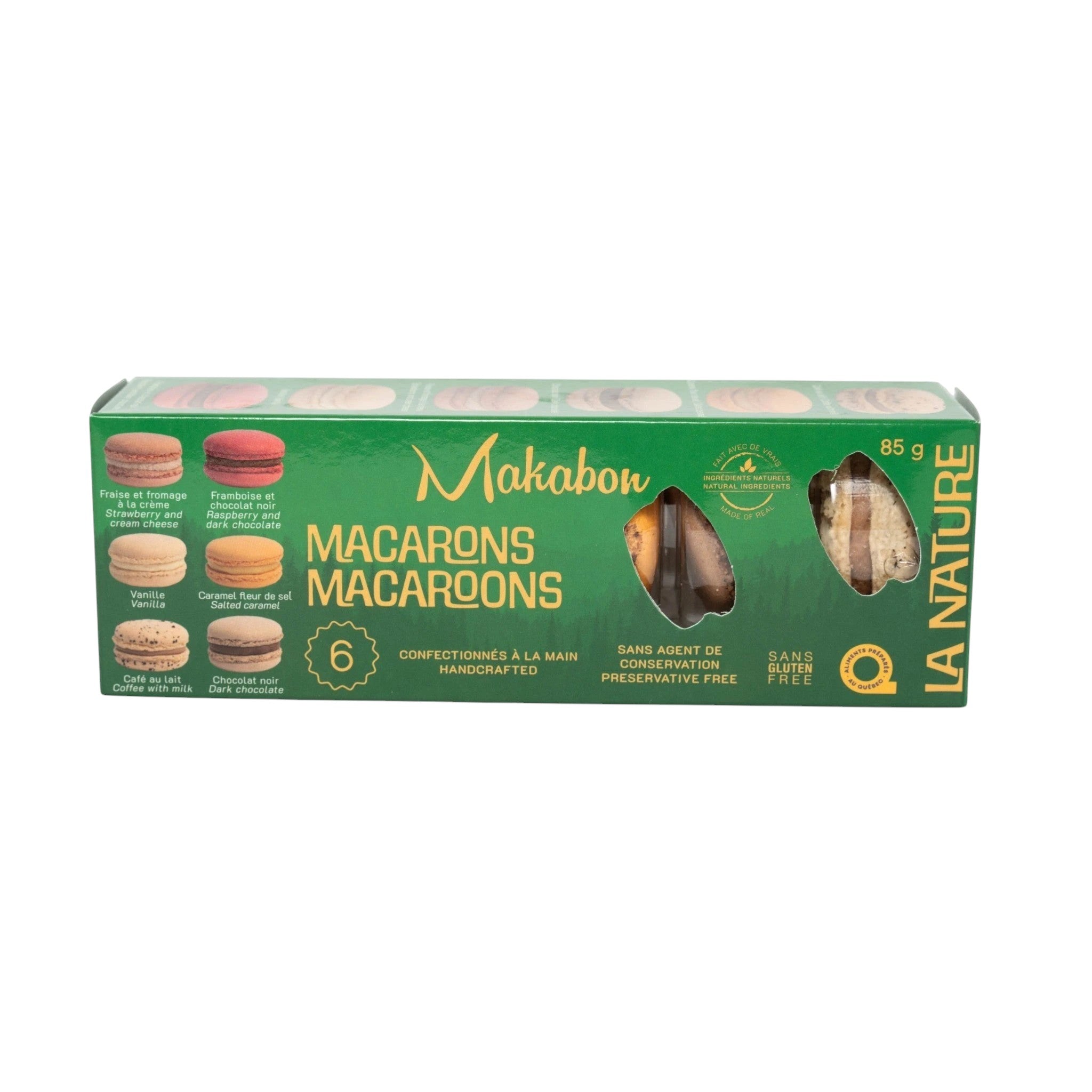 Boîte Bistro D de six macarons artisanaux Makabon aux saveurs variées, emballage vert avec visuels des pâtisseries.