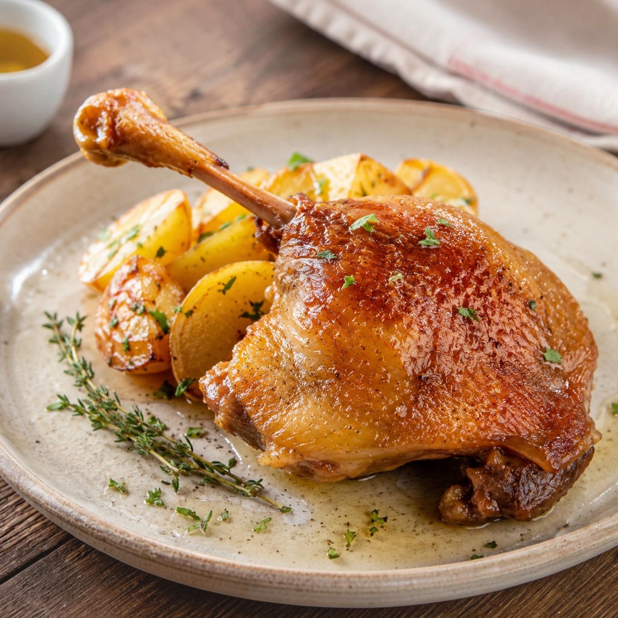 Cuisse de canard confite artisanale cuite lentement dans son gras.