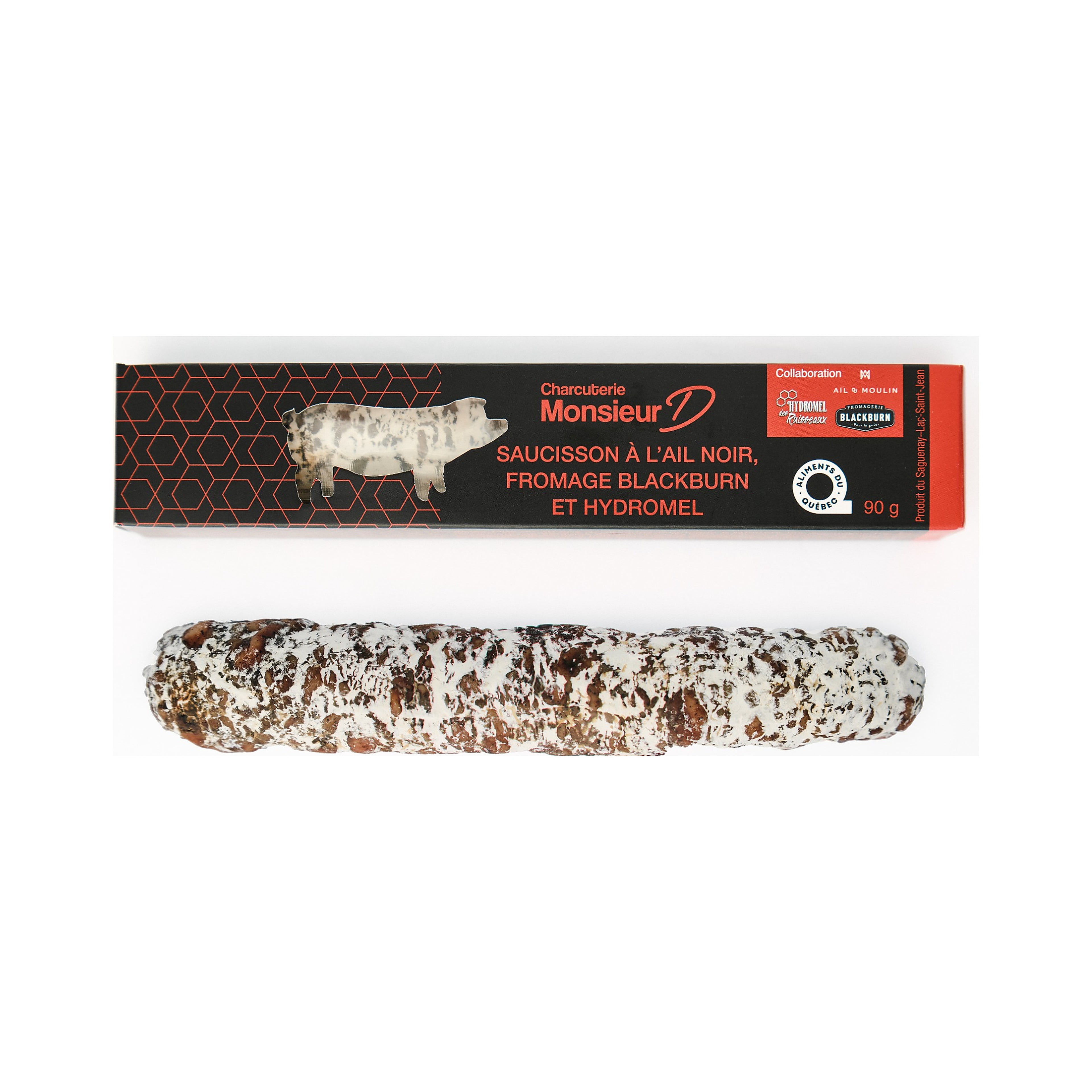 Saucisson artisanal à l’ail noir, hydromel et fromage Blackburn fait à la Salaison du Bistro D, porc du Québec, saveur umami et caramélisée, format 85 g, idéal pour dégustation